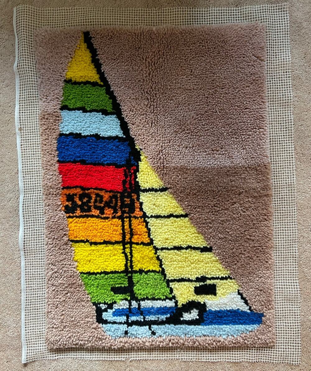 Sailboat Latch hook rug, colorful, done but needs binding 26 x 36 Large